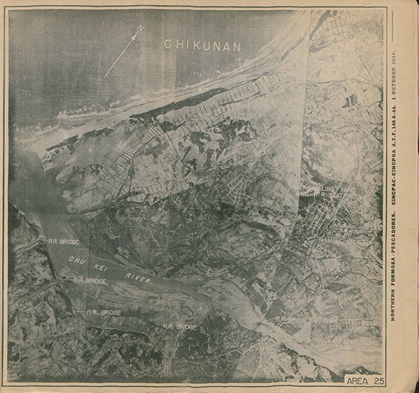 Aerial Map: Chikunan, showing bridges, marshaling yard and rail road station. 