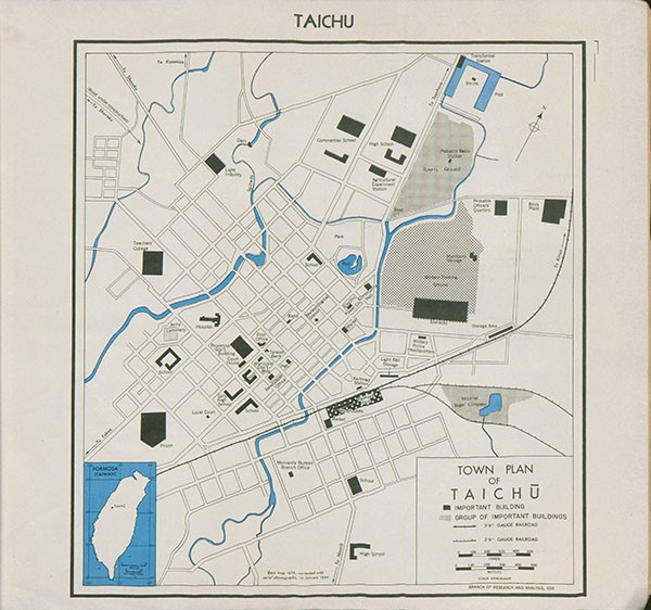 Map: Taichu, Town Plan of Taichu showing important buildings, group of important buildings, and railroads.