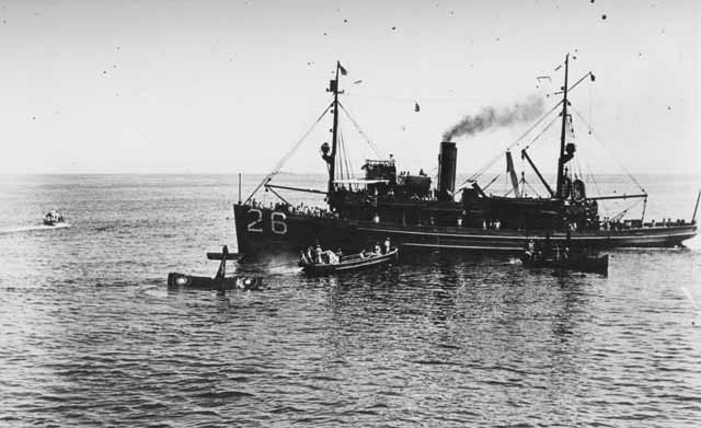 Lieutenant Colonel Culver being picked up by the minesweeper Rail between Cape Henry and Cape Charles Light Vessel during the bombing experiments, 1921.
