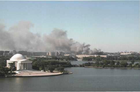 View of the burning Pentagon from the Washington side of the Potomac.