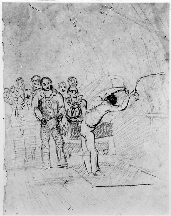 Flogging a Crewman, 1848, sketch by Captain's Clerk Charles F. Sands, from his journal kept on board Porpoise, NH 42642 