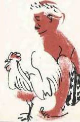 Illustration of a man with a chicken.