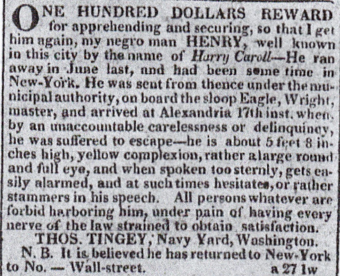 Reward notice for runaway slave Henry Carroll which was placed in the New York City newspaper Mercantile Advertiser by his owner Commodore Thomas Tingey