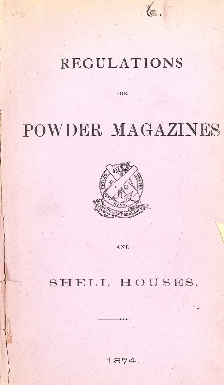 Jpeg photo of the cover page 'Regulations for Powder Magazines and Shell Houses, 1874'