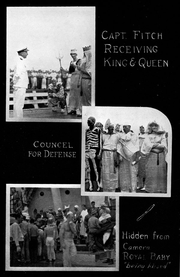 Scrapbook page with images: Capt. Fitch receiving King & Queen, Councel for Defense, and Hidden from Camera - Royal Baby 'being kissed'.