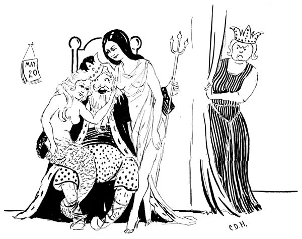 Illustration of the King with a mermaid on his lap and a woman clad in a sheer gown at his side, with the queen glaring from behind a curtain.