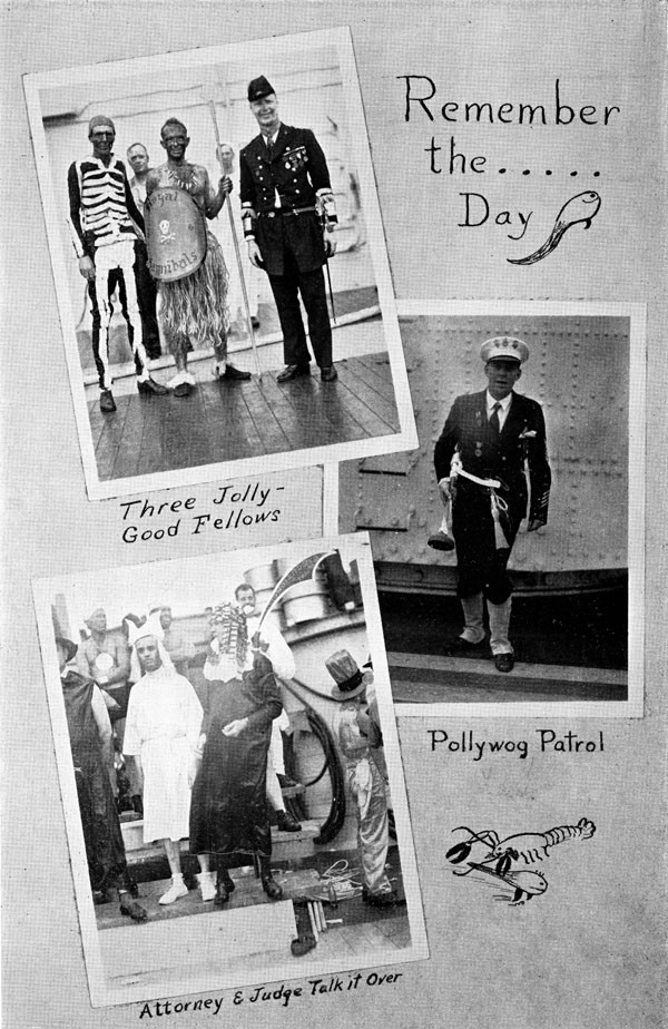 Scrapbook page of ceremony images: Remember the day..., Three Jolly Good Fellows, Pollywog Patrol and Attorney & Judge talk it over.