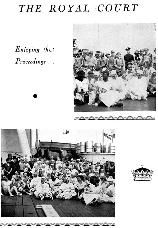 Scrapbook page of 2 ceremony images: The Royal Court, Enjoying the proceedings..., 2 group shots of the crew in costume.