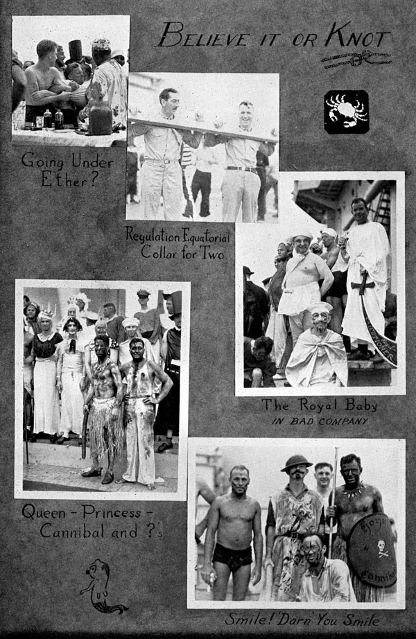Scrapbook page of ceremony images: Believe it or knot, going under ether?, regulation equatorial collar for two, the royal baby in bad company, queen-princess-cannibal and ?, and smile! darn you smile.