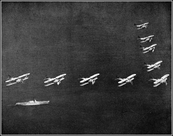 Image of planes flying in 'V' formation over USS Lexington.