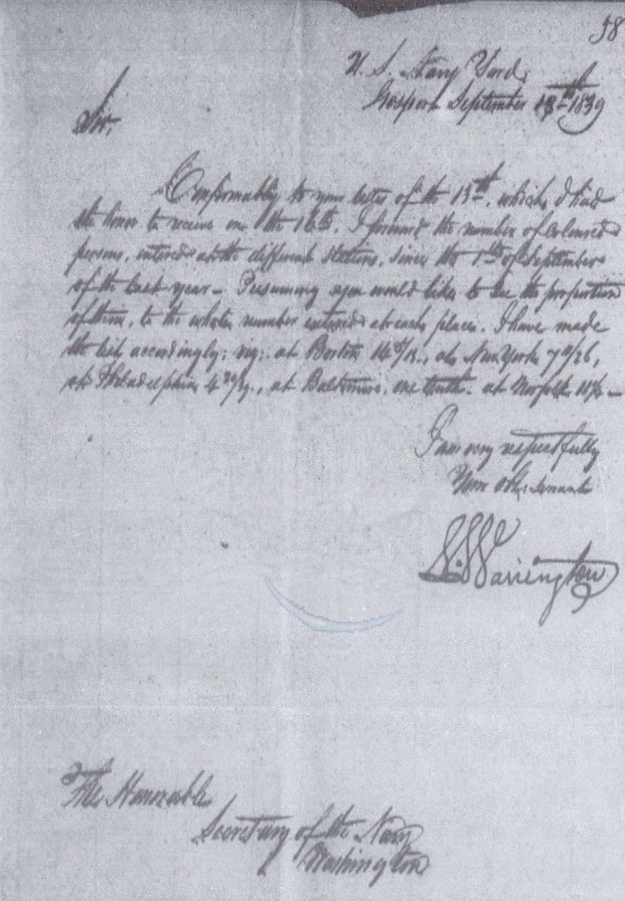 Warrington to Paulding enlistment of blacks 19 September 1839