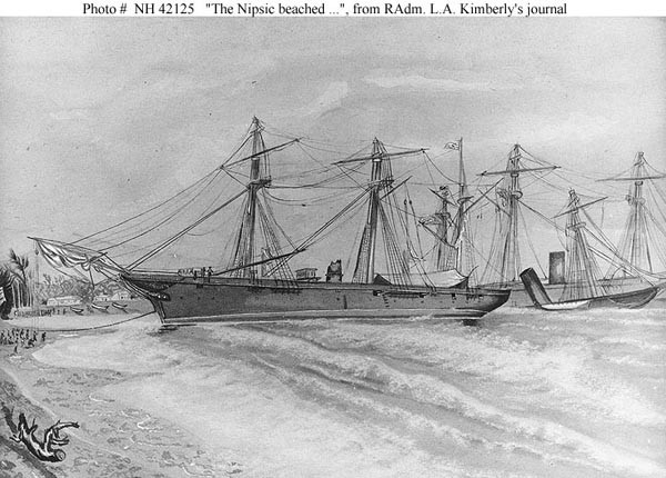 Nipsic beached, wrecks of Trenton and Vandalia astern.
