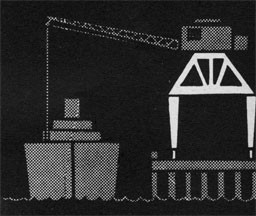 Drawing of an overhead structure with a crane loading a ship.