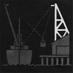 Drawing of a ship at the dock with a crane.