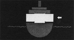 Silhouette of ship with arrow pointing to between decks section.