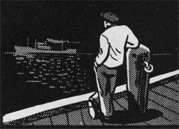 Drawing of a man standing on a pier looking out to sea as a ship passes by.