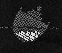 Drawing of a ship listing to the right with the cargo piled on the right side of the ship.
