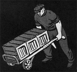 Drawing of a man pushing a wheel barrow.