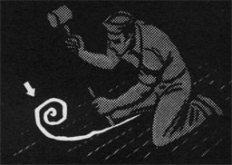 Drawing of a man with a mallet using oakum as caulk material.