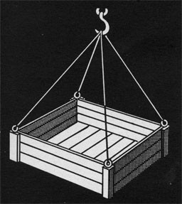 Drawing of a box suspended from the four corners to a hook.