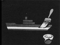Drawing of a ship with a paint brush and can.
