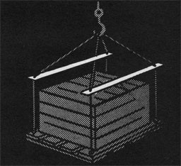 Drawing of a crate in a sling with spreaders.