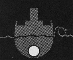 Drawing of a ship with a white circle below the waterline.