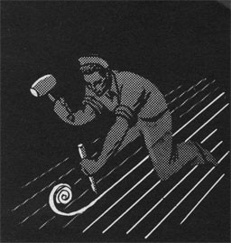 Drawing of a man with a mallet caulking.