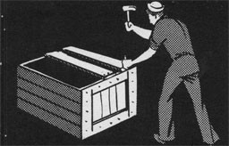 Drawing of a man with a hammer repairing a crate.
