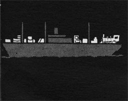 Silhouette of a ship with cargo on the deck.