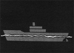 Silhouette of a ship witha wavy line indicating water line.