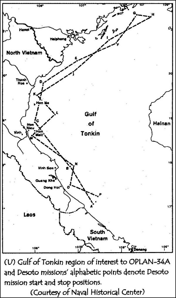 Gulf of Tonkin region of interest to OPLAN-34A and Desoto missions' alphabetic points denote Desoto mission start and stop positions.