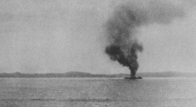 Image of 'The George F. Elliott, after Japanese plane had crashed into her, 8 August.'