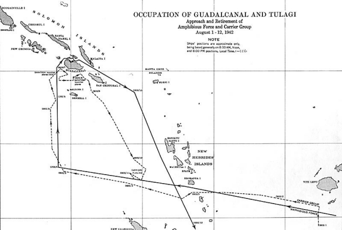 Image of chart - 'Occupation of Guadalcanal and Tulagi.' Approach and Retirement of Amphibious Force and Carrier Group, August 1-12, 1942.