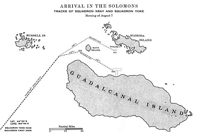Image of chart - 'Arrival in the Solomons.' Track of Squadron XRAY and Squadron YOKE, morning of August 7.