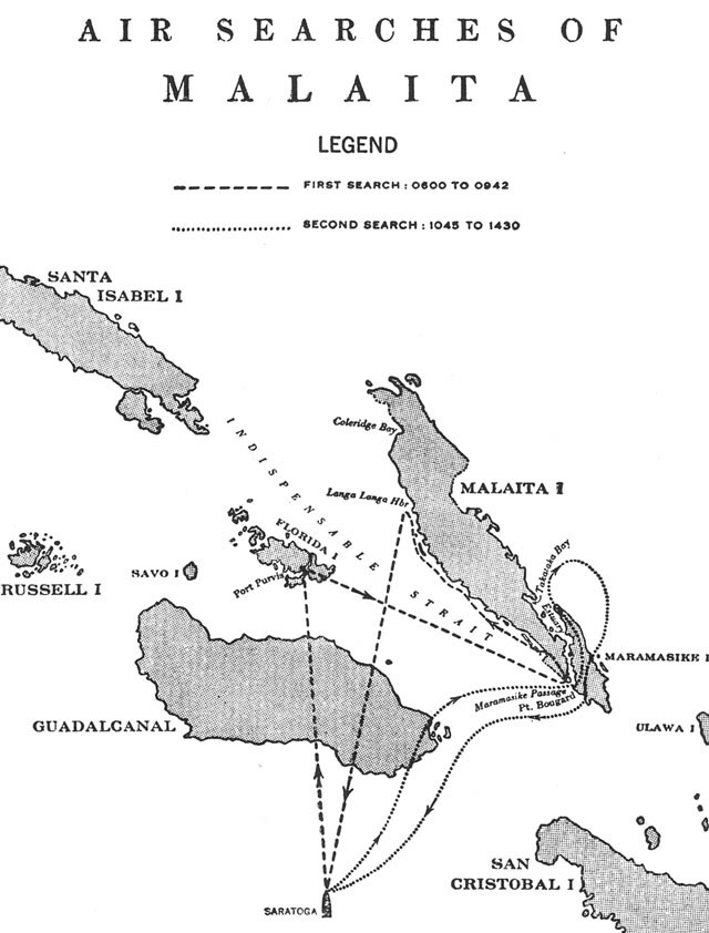 Image of map - 'Air Searches of Malaita,' showing two search paths.