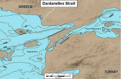Figure 2. Dardanelles Strait, with bathymetry contours (in meters) 