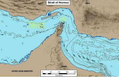 Figure 11. Strait of Hormuz, with bathymetry contours (in meters). The defined shipping transit lanes are shown in yellow 