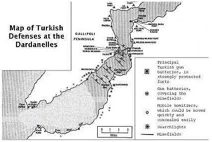 Figure 5. Map of Turkish defenses at the Dardanelles (adapted from [5])