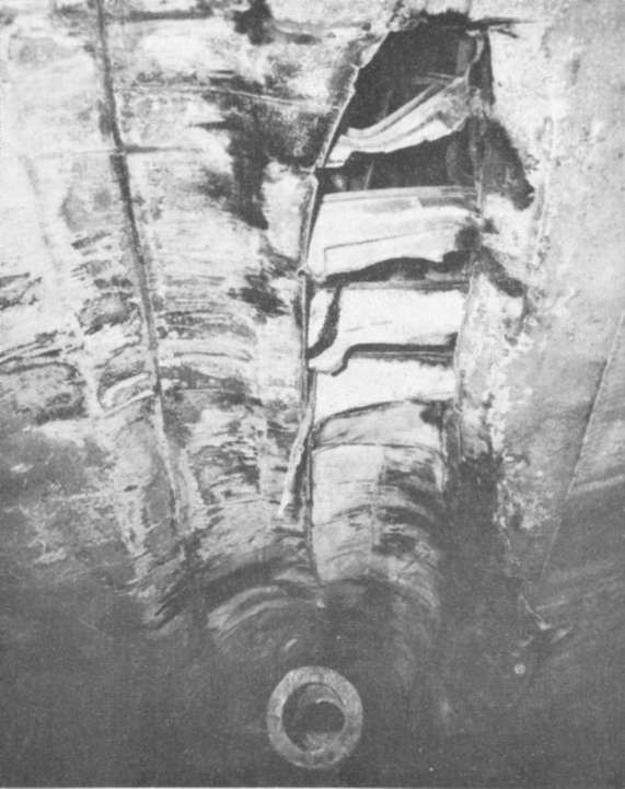 Photo 68: FOOTE (DD-511) Damage to shell caused by starboard shaft.