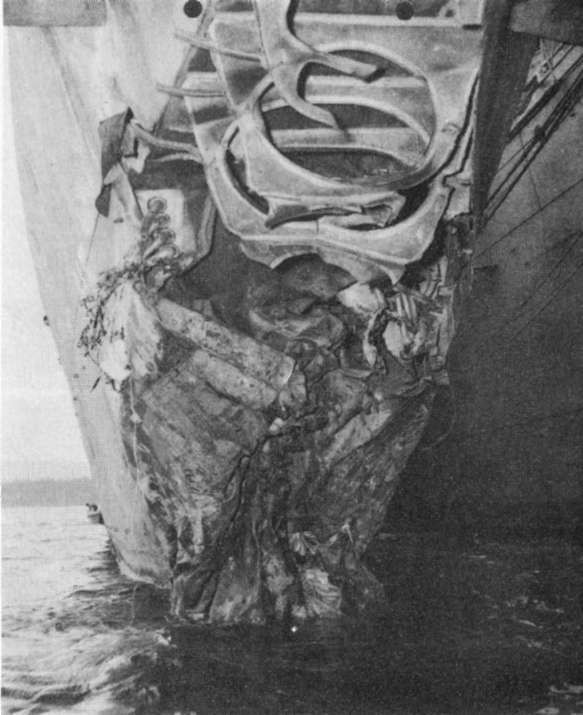 Photo 33: O'BRIEN (DD 415) Damage to bow from torpedo hit.