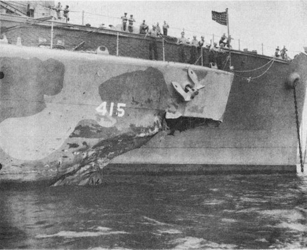 Photo 32: O'BRIEN (DD 415) Damage to how from torpedo hit.