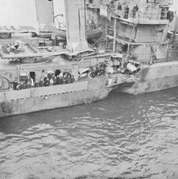 Photo 56: KEARNY (DD 432) Damage to shell plating and main deck.