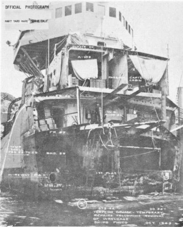 Photo 59: SELFRIDGE (DD 357) View of bow after removal of wreckage and start of temporary repairs.