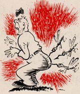 Caricature of misquitos bitting a man on his backside