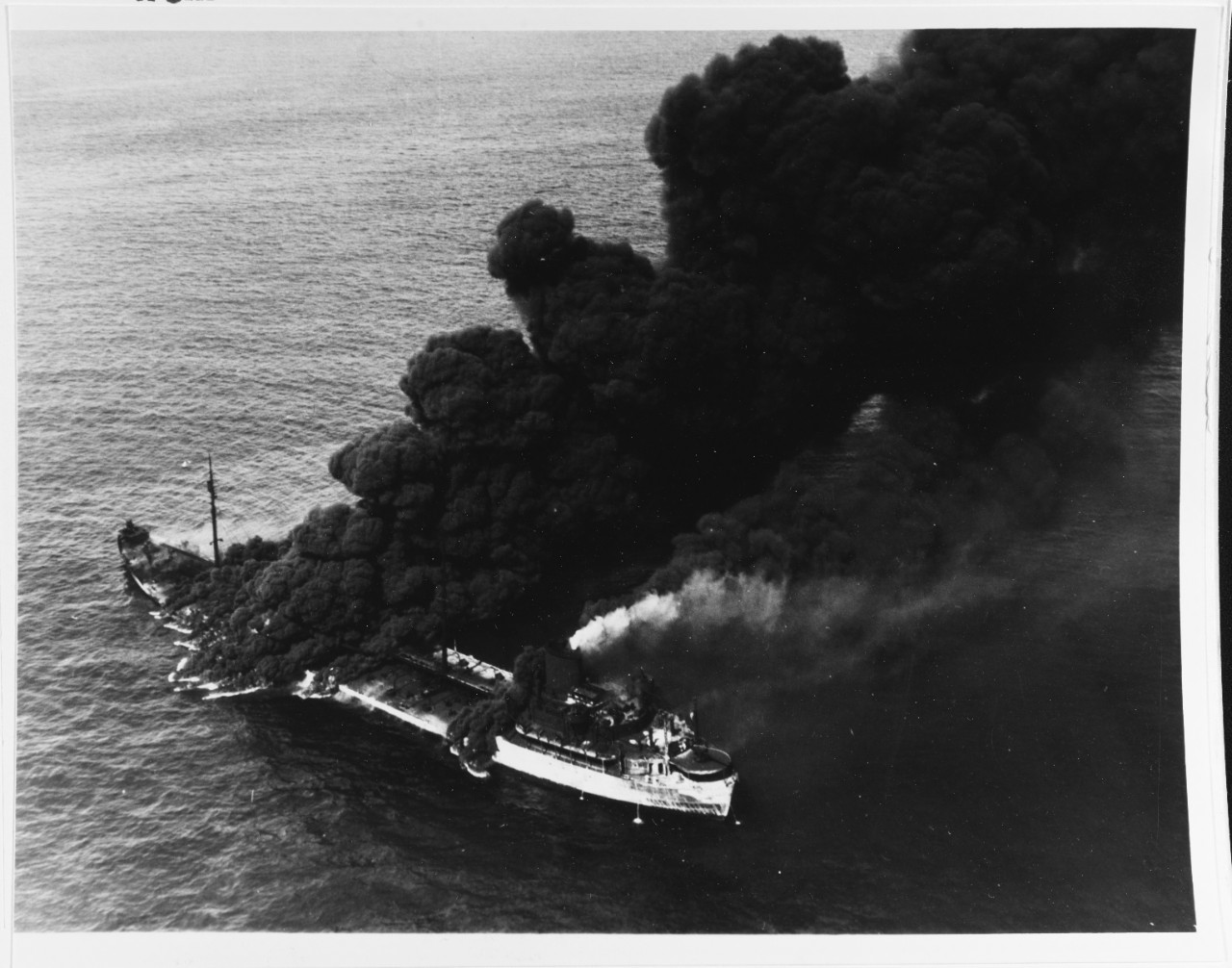 SS Pennsylvania Sun burning after being torpedoed by U-571, July 1942. Naval History & Heritage Command photograph #80-G-61599.