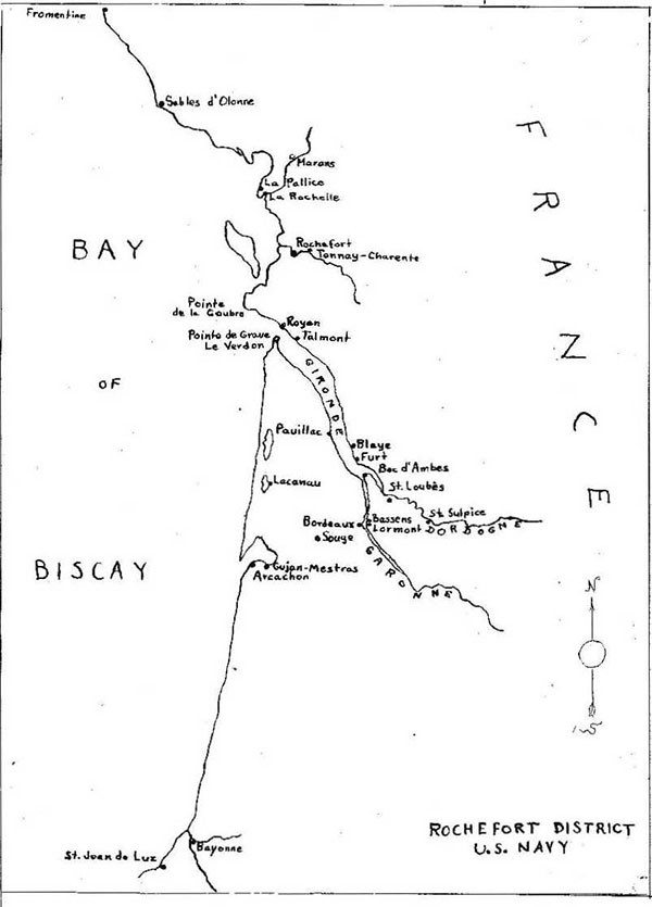 Map: Rochefort District, US Navy, showing Bay of Biscay and France.