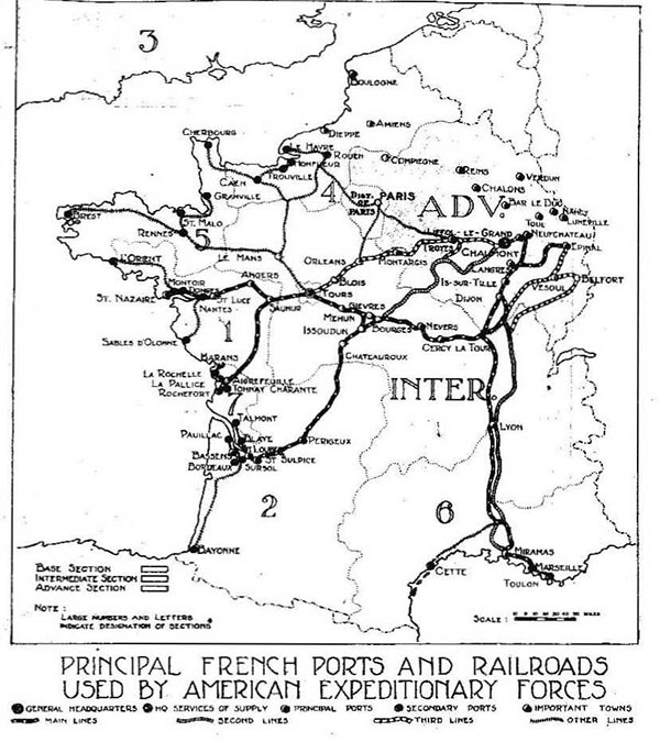 Map of France showing "Principal French Ports and Railroads Used by American Expeditionary Forces.