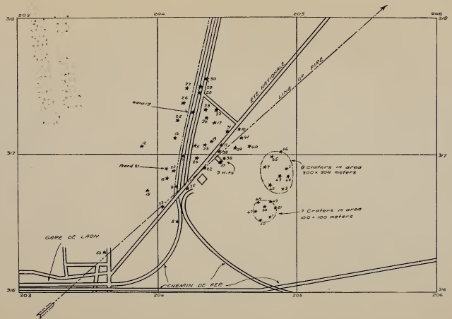 SKETCH OF TARGET NE. OF LAON, SHOWING FALL OF SHOTS ON OCT. 3, 9, 10, AND 11, 1918.