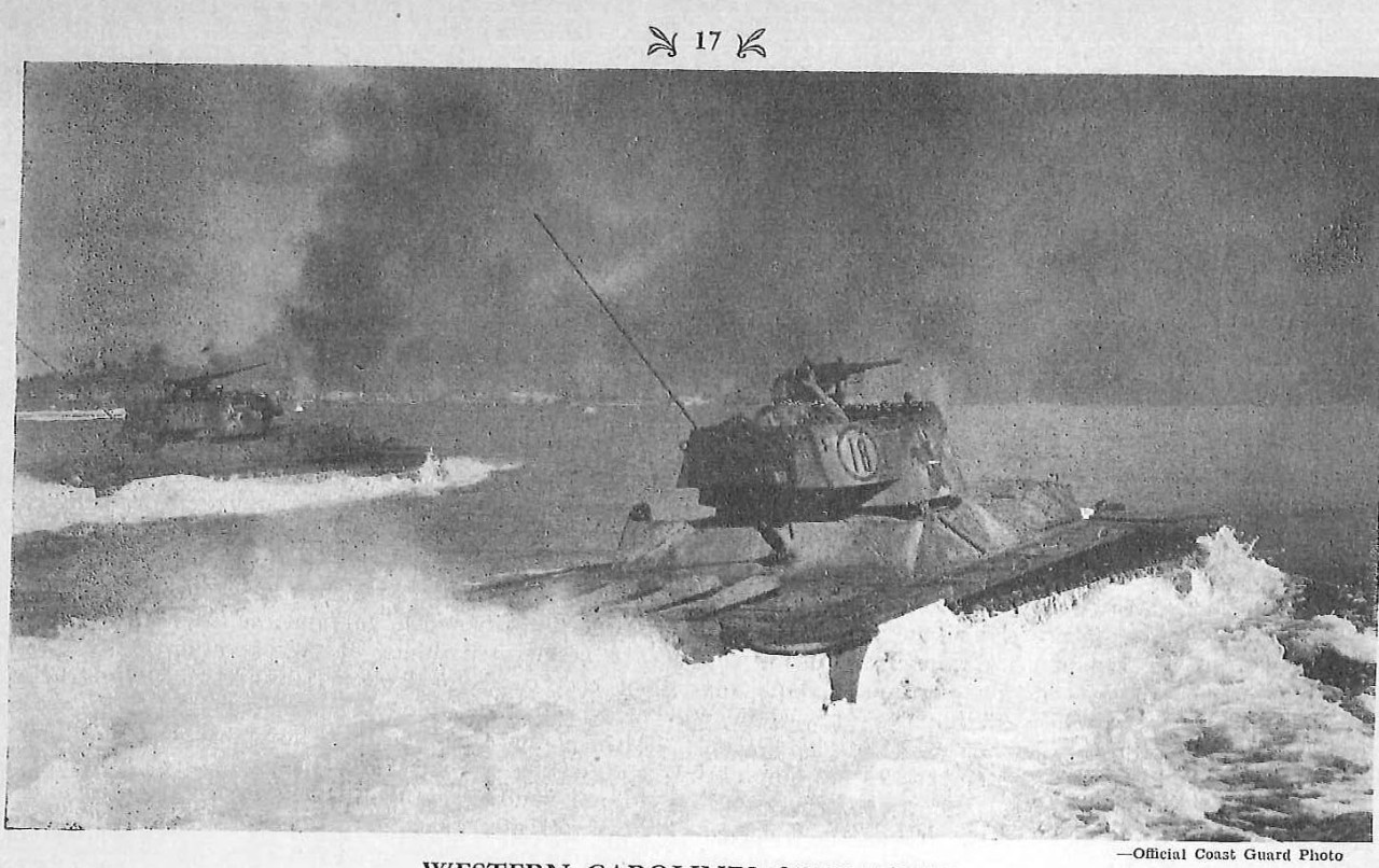 Western Carolines Operation, Amphibious tanks moving ashore towards Angaur, 17 September 1944